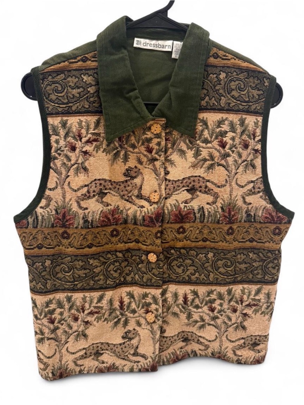 90s Safari Dressbarn Tapestry Leopard Print Vest in Olive Green and Tan